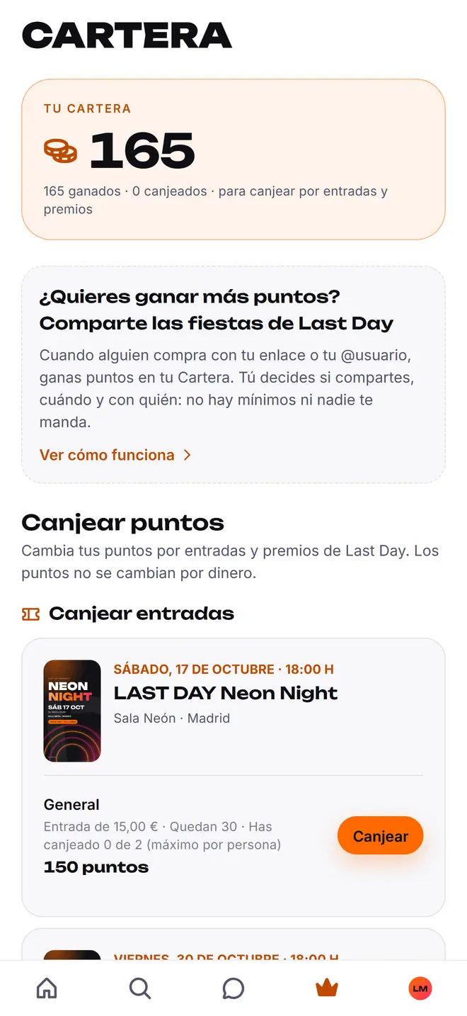 La Cartera de la app, con los puntos y las entradas que se pueden canjear