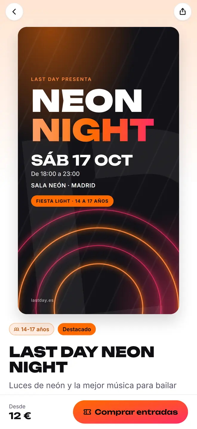 La ficha de una fiesta en la app, con su flyer, sus edades y «Comprar entradas»